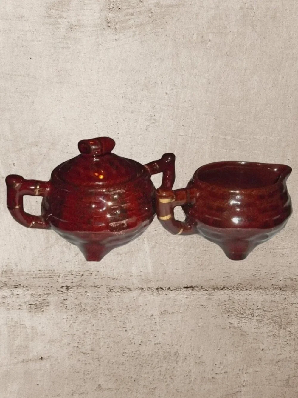 VTG 1950s Japanese Redware Brown Drip Glaze Pot Belly Cream & Sugar Set T5